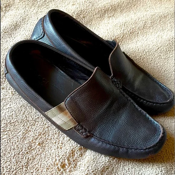 Gucci 9.5 leather darker brown loafer GUCCI Size 9.5 Brown Textured Leather Slip On Loafers – Sui  main image 3